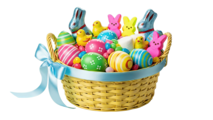 A colorful Easter basket brimming with treats, perfect for the holiday. It contains an array of decorated eggs, candies, and Easter-themed figurines. Isolated on a transparent background.