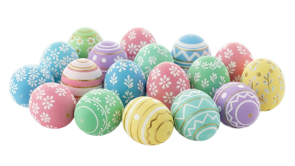 A collection of beautifully decorated Easter eggs with intricate floral patterns, showcasing a range of pastel colors Isolated on a transparent background.