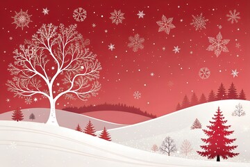 Festive winter landscape with red sky and falling white snowflakes at night