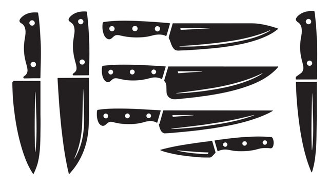 collection of black silhouette kitchen knives on a white