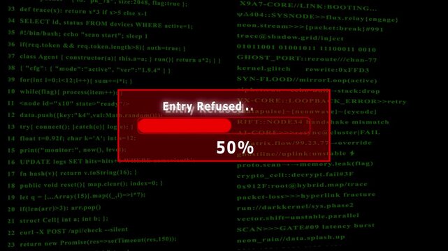 Futuristic cyber Entry Refused interface with digital loading bar, hacking screen elements, floating code, secure system login animation