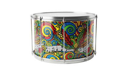 Colorful Snare Drum with artistic decorations, ready to be played! Isolated on a transparent background.