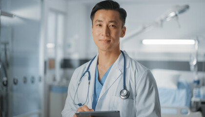 Asian doctor in a medical uniform standing in a bright hospital room with a stethoscope, representing modern healthcare and professionalism.