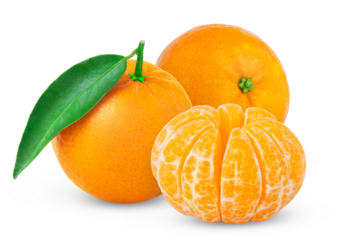 Tangerine or clementine with green leaf and peeled slice isolated. Fresh mandarines with leaves.