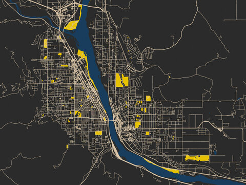 Urban map of Wenatchee, Washington in a dark flat palette: deep charcoal background with clean cream streets and sharp safety-yellow highlights, accented by ink-blue water
