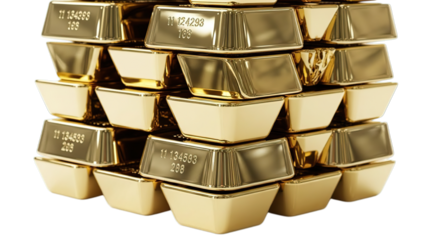 A stack of shiny gold bars, symbolizing wealth and investment, presented on a seamless backdrop Isolated on a transparent background.
