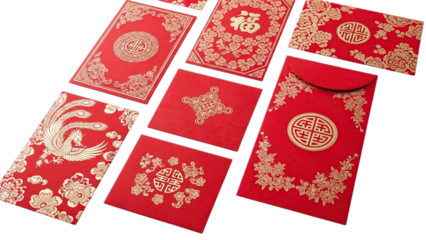 A collection of ornate red envelopes with gold designs for celebration. Showcasing intricate details and festive imagery Isolated on a transparent background.