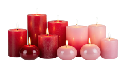 A collection of assorted candles in varying sizes and shades of red and pink, some lit with a gentle flame Isolated on a transparent background.