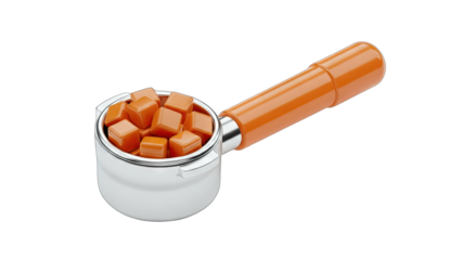 Espresso Machine Portafilter Filled with Caramel Cubes on White