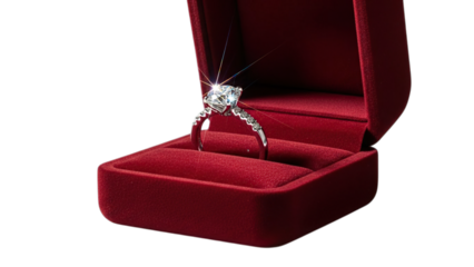 A stunning diamond ring nestled in a luxurious red velvet box, ready for a special moment. The ring sparkles with brilliance. Isolated on a transparent background.