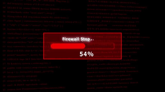 Futuristic cyber Firewall Stop, interface with digital loading bar, hacking screen elements, floating code, secure system login animation technology background