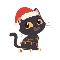 Cute cartoon cat in Santa hat with garland. Vector illustration in a simple children's style. 
