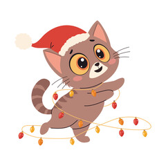 Cute cartoon cat in Santa hat with garland. Vector illustration in a simple children's style. 