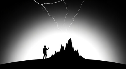Lone figure's silhouette watches powerful lightning strike a jagged mountain peak in a dramatic black and white conceptual landscape, symbolizing awe and challenge.