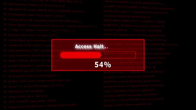 Futuristic cyber access Halt, interface with digital loading bar, hacking screen elements, floating code, secure system login animation technology background