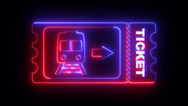 glowing neon Train ticket icon isolated on black background. Train ticket icon animation. neon train ticket with train icon symbol. rail travel pass symbol. Travel by railway. 4k motion video.