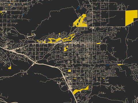 Minimalist map of Yucaipa, California, noir yellow color palette