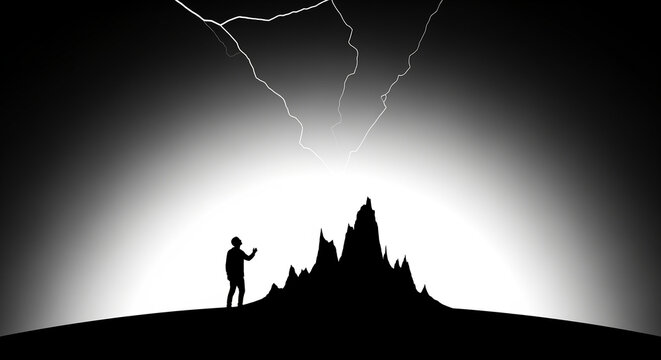 Lone figure's silhouette watches powerful lightning strike a jagged mountain peak in a dramatic black and white conceptual landscape, symbolizing awe and challenge. - Powered by Adobe