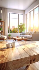 Fototapeta premium Brightly lit modern living room featuring a close-up of a wooden table with cups.