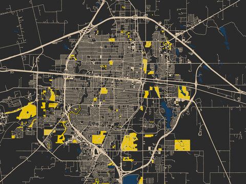 Flat city map of Abilene, Texas &mdash; dark noir-style city field with soft cream lines and strong yellow points of interest against deep blue water