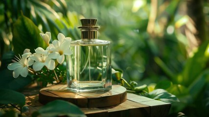 Video A bottle of perfume sitting on a wooden table, ideal for beauty and lifestyle related content