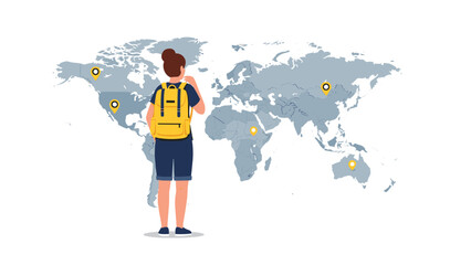 Young traveler with backpack looking at world map on planning adventure trip