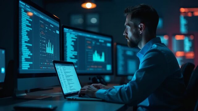 Video A person sitting at a desk with two computer monitors, typing away