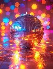Obraz premium A dazzling disco ball reflects vibrant, colorful bokeh lights in a dynamic, festive scene.