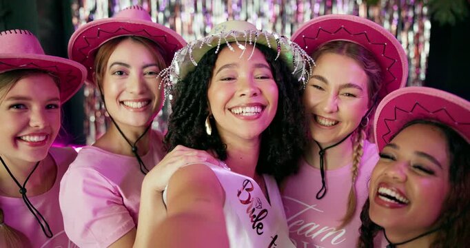 Friends, bride and face with party selfie, celebration and get together for bachelorette event. Excited, women and smile with love, support and happy for wedding and future commitment with group hug - Powered by Adobe