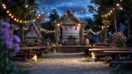Obraz premium Enchanting evening scene at a rustic village festival, surrounded by glowing lights and blooming flowers under a twilight sky