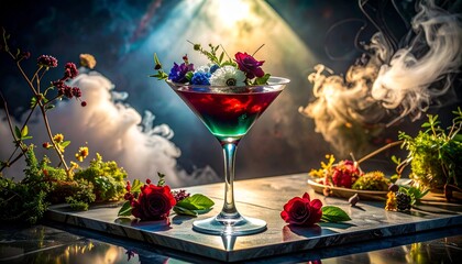 A vibrant martini glass filled with colorful liquid and garnished with fresh flowers and herbs, amidst a mystical, smoky atmosphere