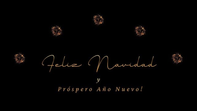 Feliz Navidad y pr&oacute;spero A&ntilde;o Nuevo ! Tarjeta de felicitaci&oacute;n vertical en negro y dorado con texto animado y fuegos artificiales dorados.