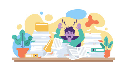 Obraz premium Overwhelmed office worker buried under stacks of urgent paperwork illustrating stress burnout and tight deadlines