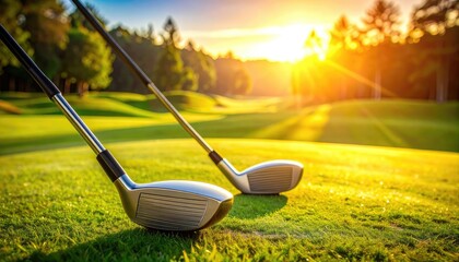 Two Golf Clubs Resting on Lush Green Grass During a Golden Sunset on the Course