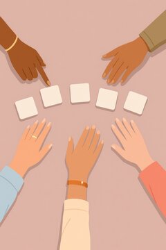 Diverse teamwork hands choosing blank tiles on pastel background