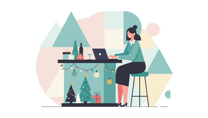 Remote working woman uses laptop amidst festive Christmas decorations and gifts