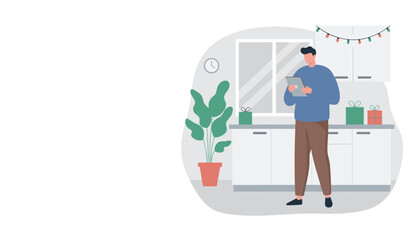 A man uses a tablet in a festive modern kitchen decorated with holiday lights and gifts Digital shopping concept