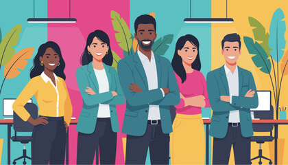 Diverse business team standing confidently in a modern vibrant office setting
