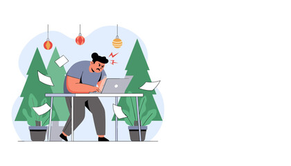 Angry man stressed working fast on laptop with flying paperwork holiday season burnout concept