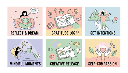 Set of six pastel doodle icons illustrating selfcare mental wellness and mindful daily habits