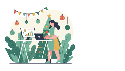 Businesswoman working on data analysis in a festive office setting during the winter holidays