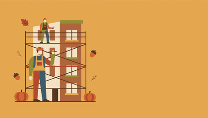 Autumn construction and renovation Workers on scaffolding repair a city building Seasonal maintenance flat illustration