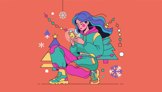 Stylish woman texting near holiday trees and decorations Modern Christmas communication illustration