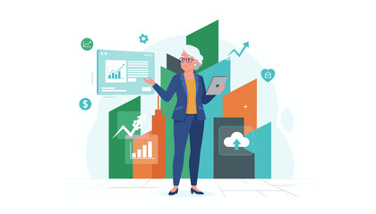 Businesswoman analyzes financial data and growth charts using a tablet Corporate strategy illustration