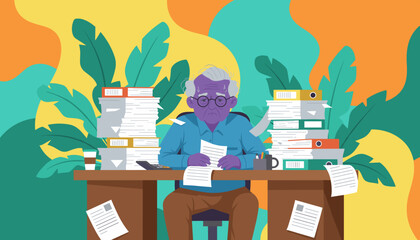 Stressed elderly man buried under giant piles of documents and binders illustrating burnout and bureaucracy