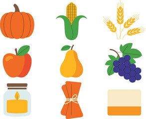 Autumn harvest icons illustration, pumpkin corn wheat fruits, seasonal fall food symbols, minimalist colorful design, Thanksgiving elements artwork set