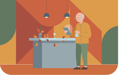 Crying senior man reading sad news on a tablet in an autumn decorated interior symbolizing solitude