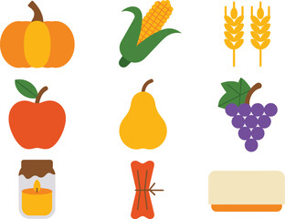 Autumn harvest icons illustration, pumpkin corn wheat fruits, seasonal fall food symbols, minimalist colorful design, Thanksgiving elements artwork set