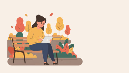 Angry young woman intensely focused on her digital tablet while sitting alone on a park bench in autumn