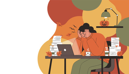 Burnout working late on autumn deadlines Woman stressed by heavy paperwork and laptop